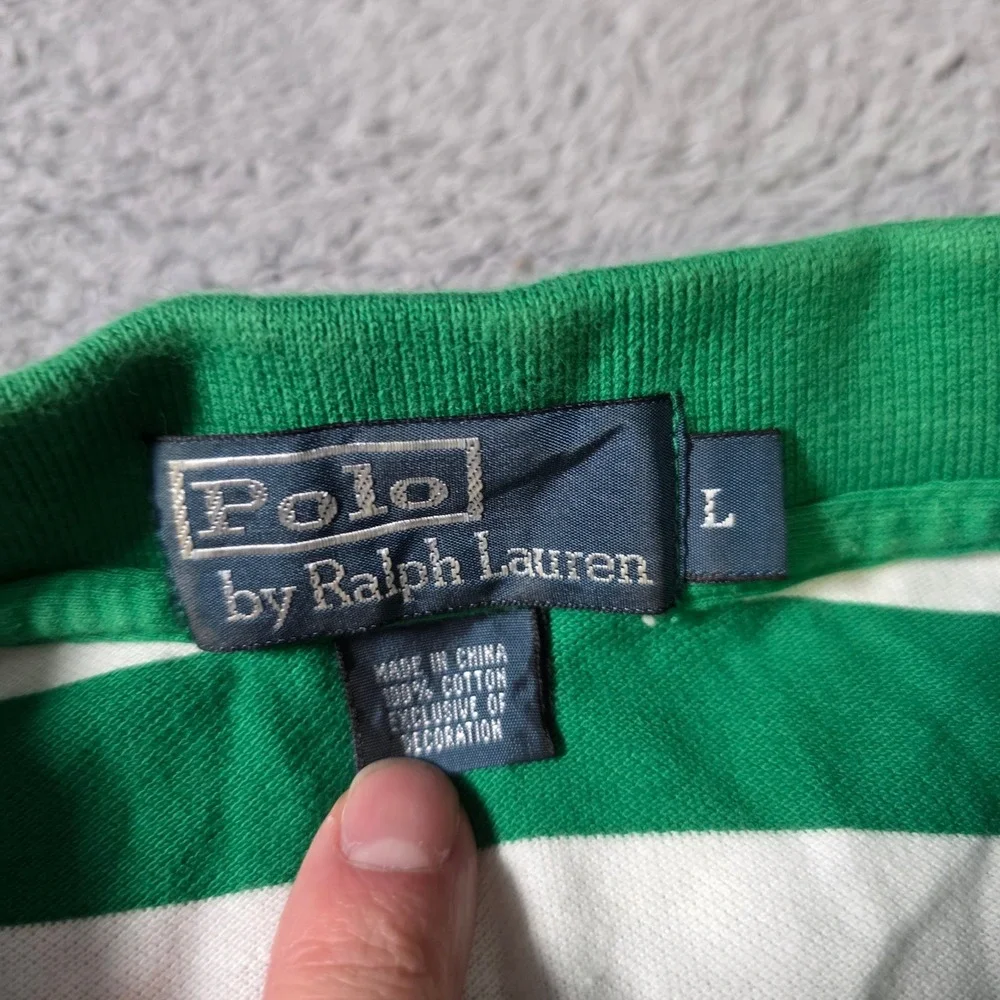 Polo Ralph Lauren Mens L Polo Shirt Green White Striped Short Sleeve Cotton
